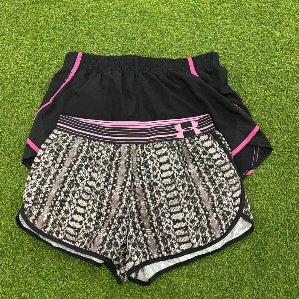 Under Armour Womens Fly By Running Shorts Bundle Black Pink Snakeskin Print 2pk